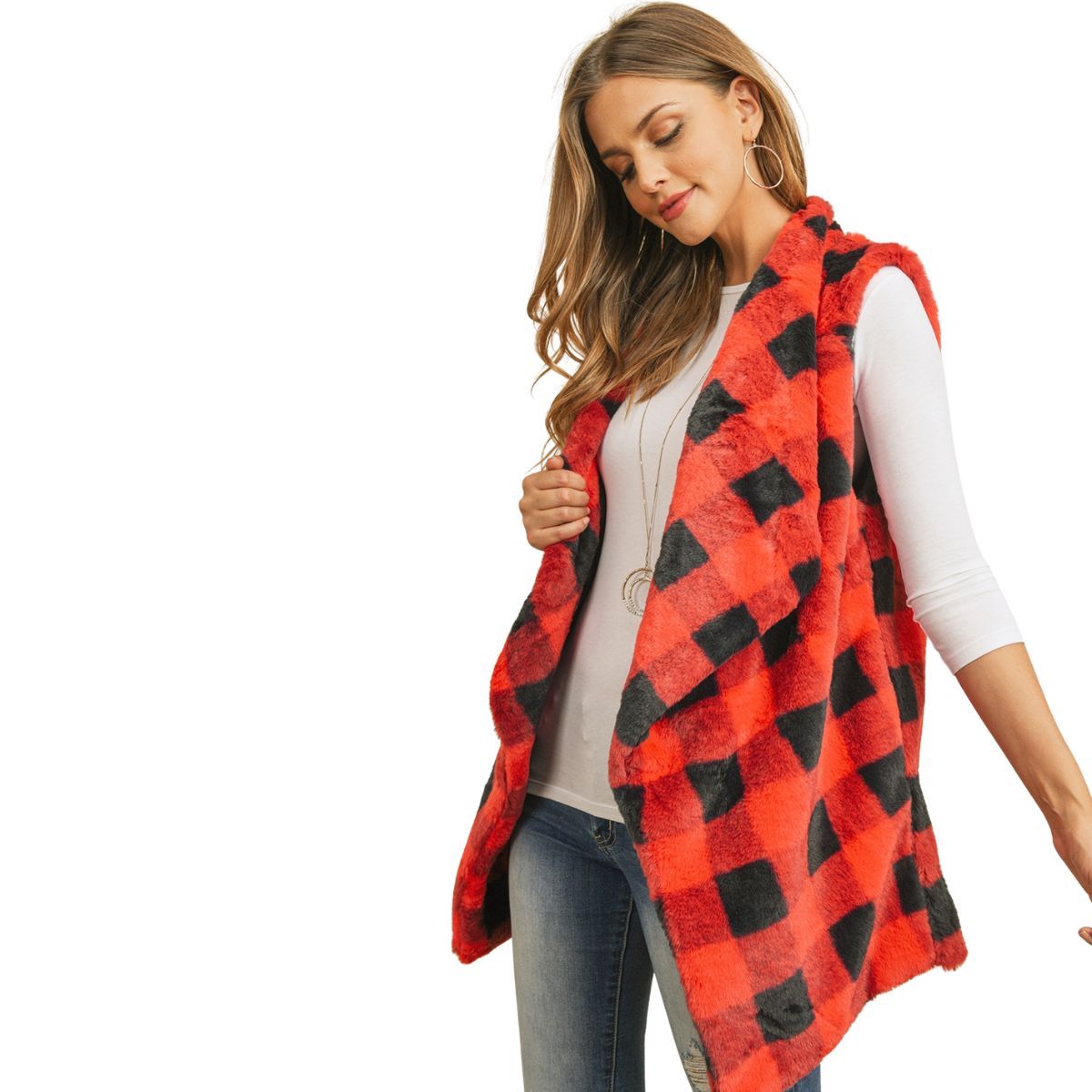 Faux Fur Vest Red Buffalo Plaid Stylish Casual Layered Outerwear