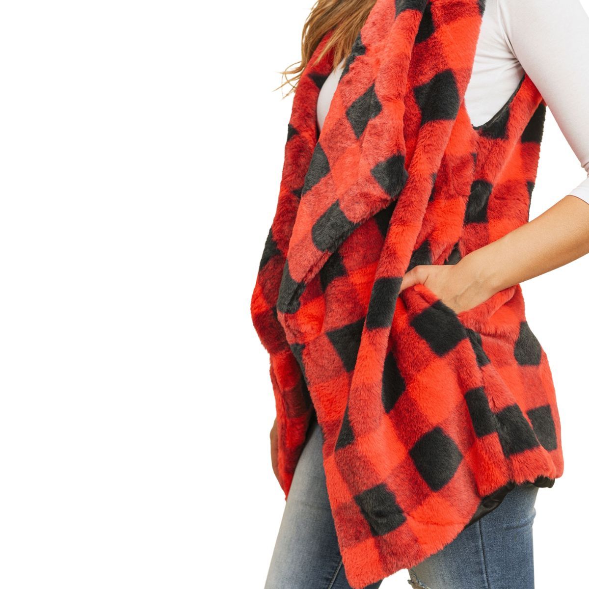 Faux Fur Vest Red Buffalo Plaid Stylish Casual Layered Outerwear