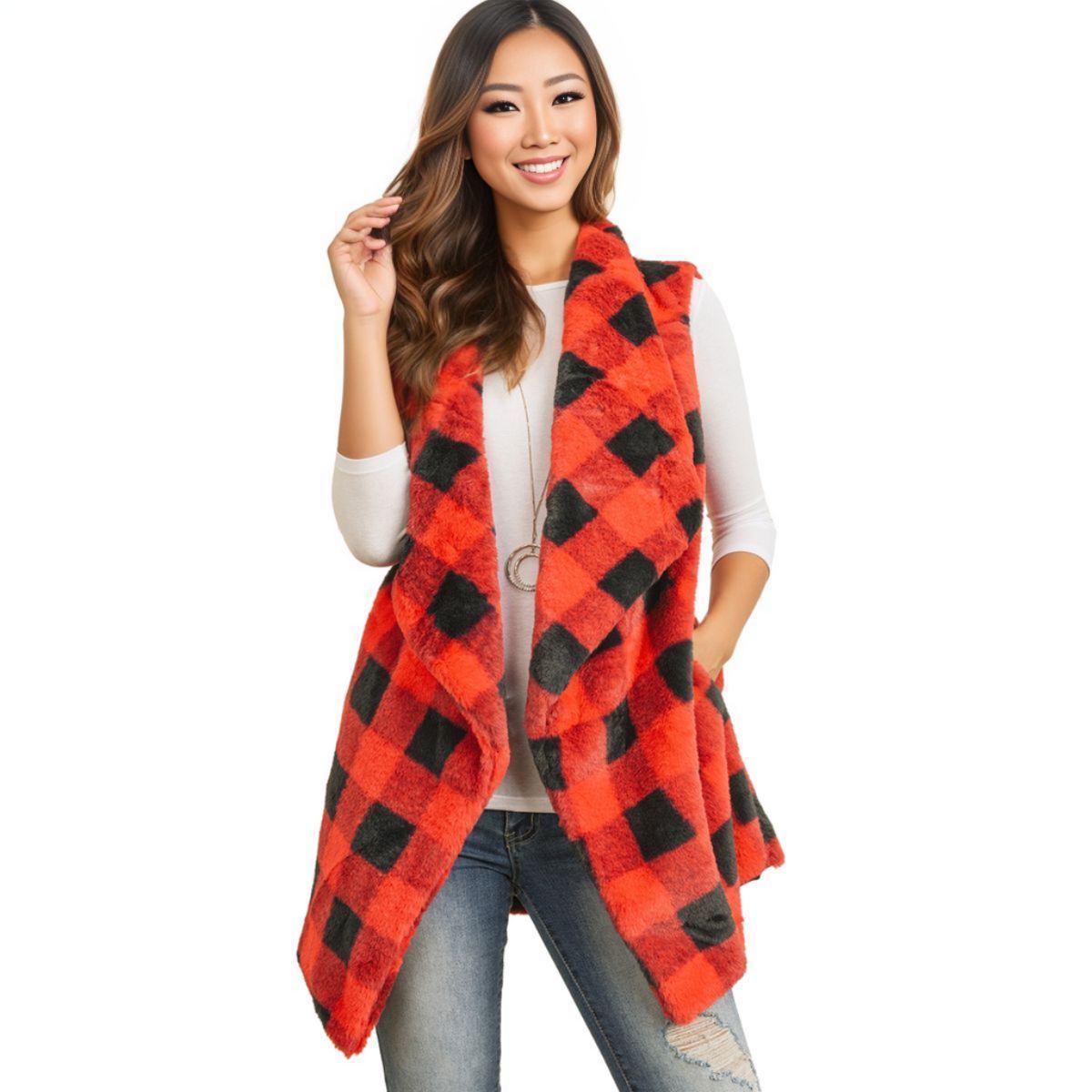 Faux Fur Vest Red Buffalo Plaid Stylish Casual Layered Outerwear