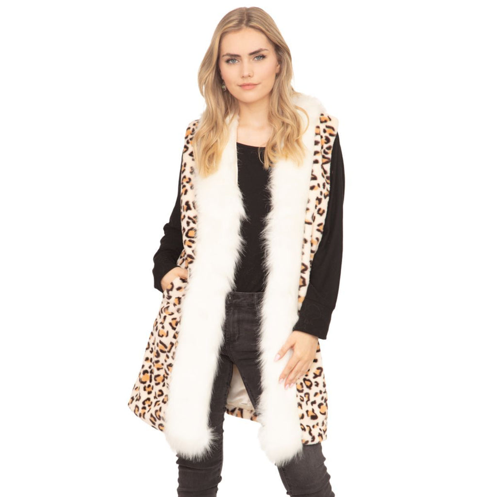 Women’s Cream Vest with Leopard Fur Trim – Stylish Casual Outerwear