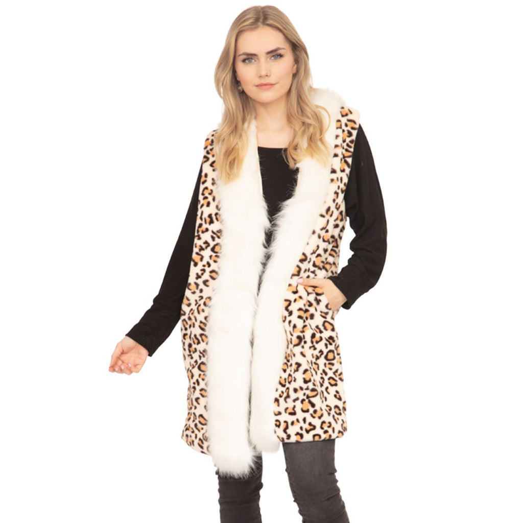 Women’s Cream Vest with Leopard Fur Trim – Stylish Casual Outerwear