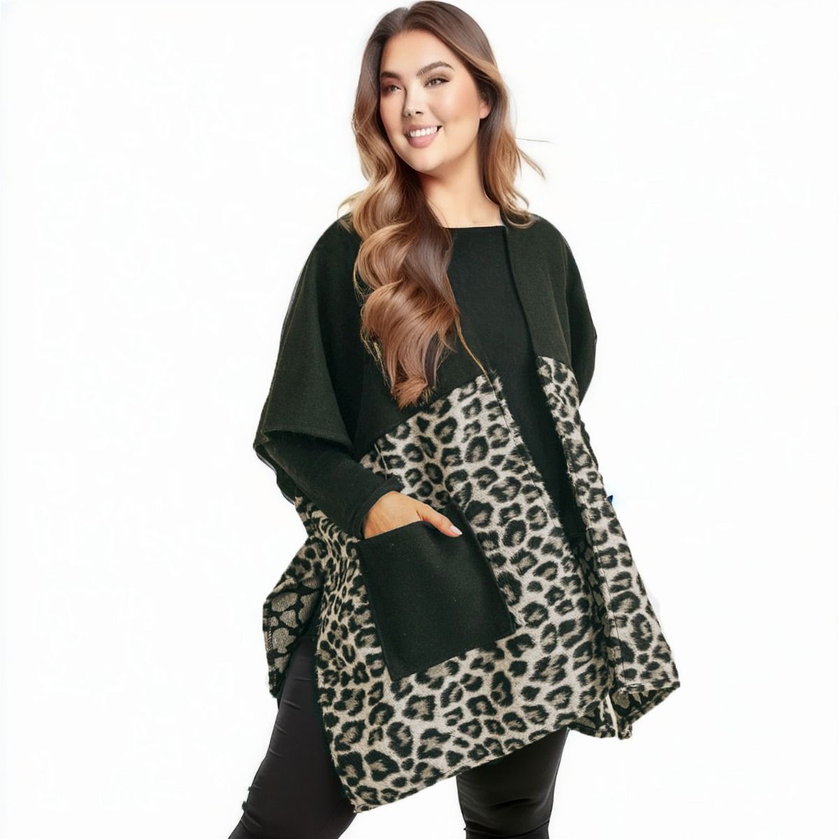 Women’s Gray Leopard Print Pocket Kimono Stylish Casual Layered Jacket