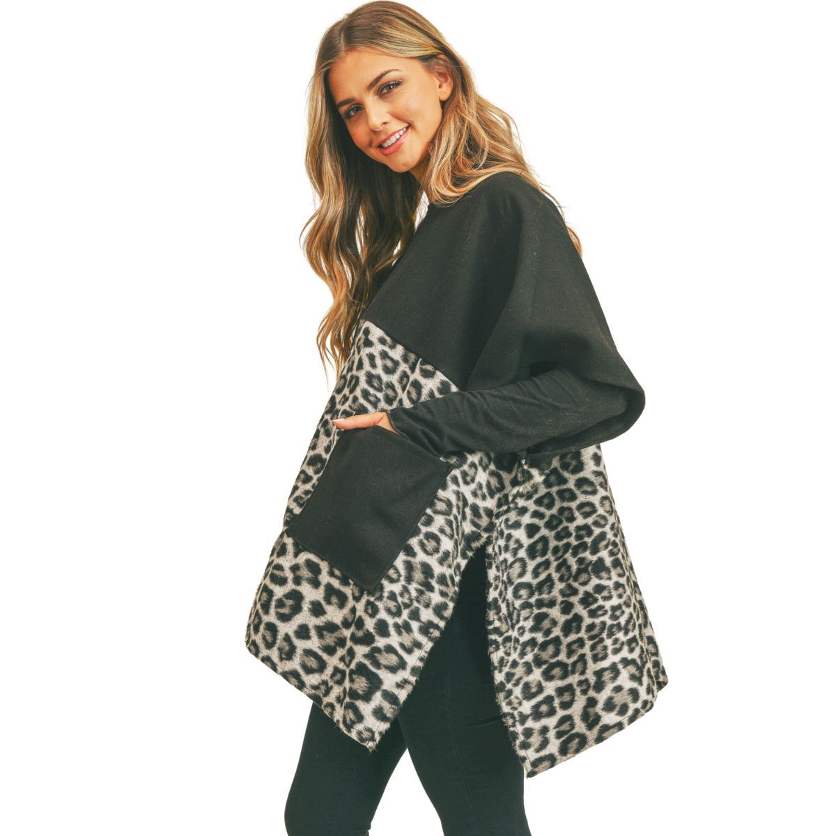 Women’s Gray Leopard Print Pocket Kimono Stylish Casual Layered Jacket