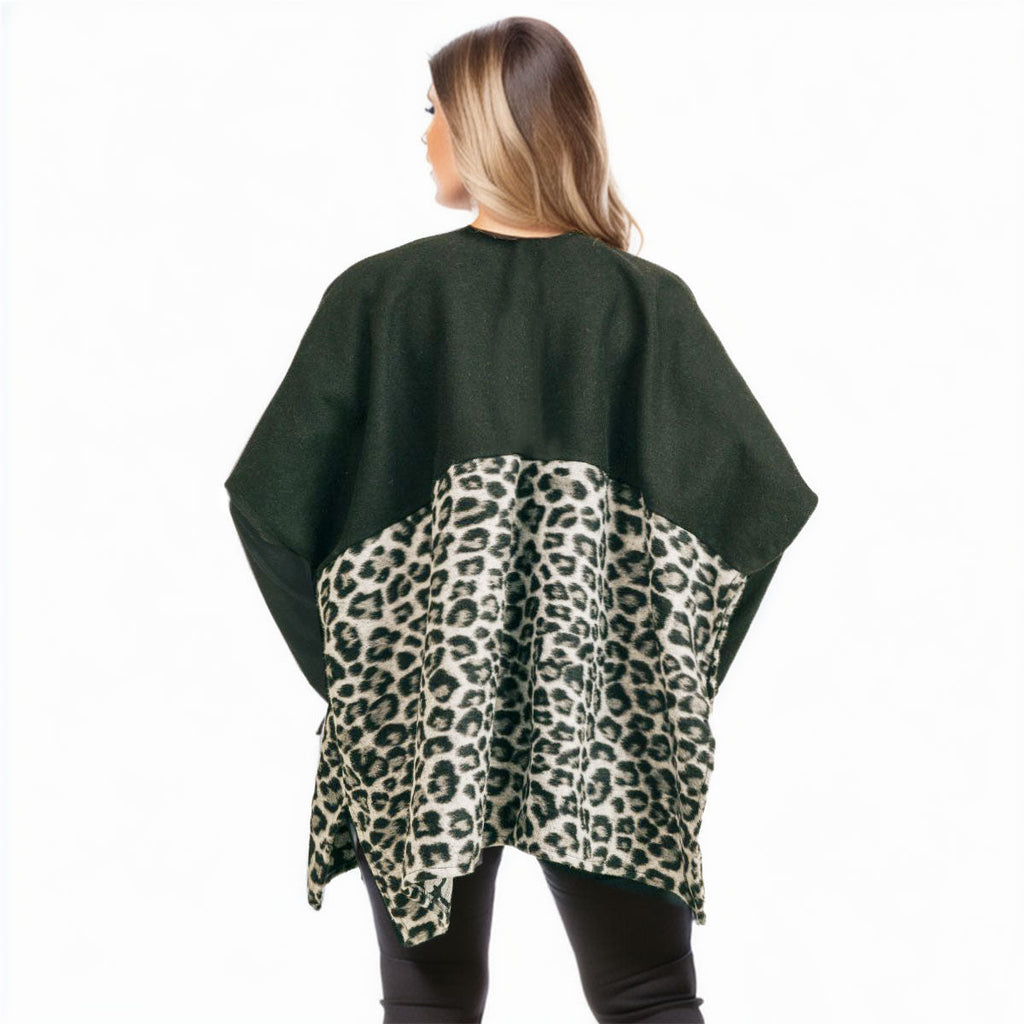 Women’s Gray Leopard Print Pocket Kimono Stylish Casual Layered Jacket