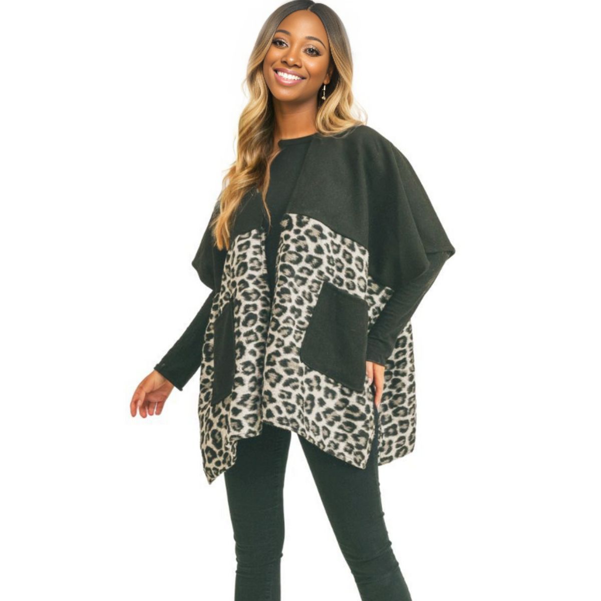 Women’s Gray Leopard Print Pocket Kimono Stylish Casual Layered Jacket
