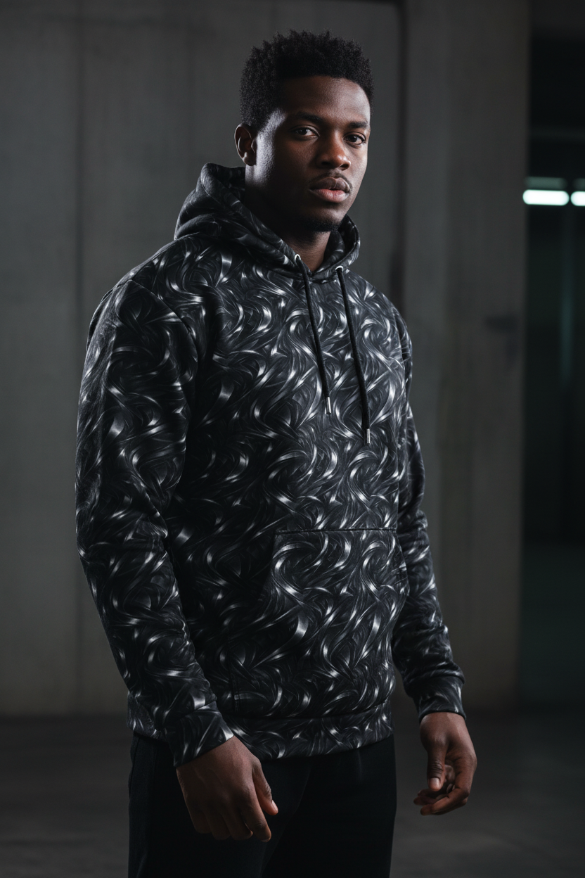 Neo-Futurist Flow Hoodie – Limited Drop – Dark Metallic All-Over Print Streetwear