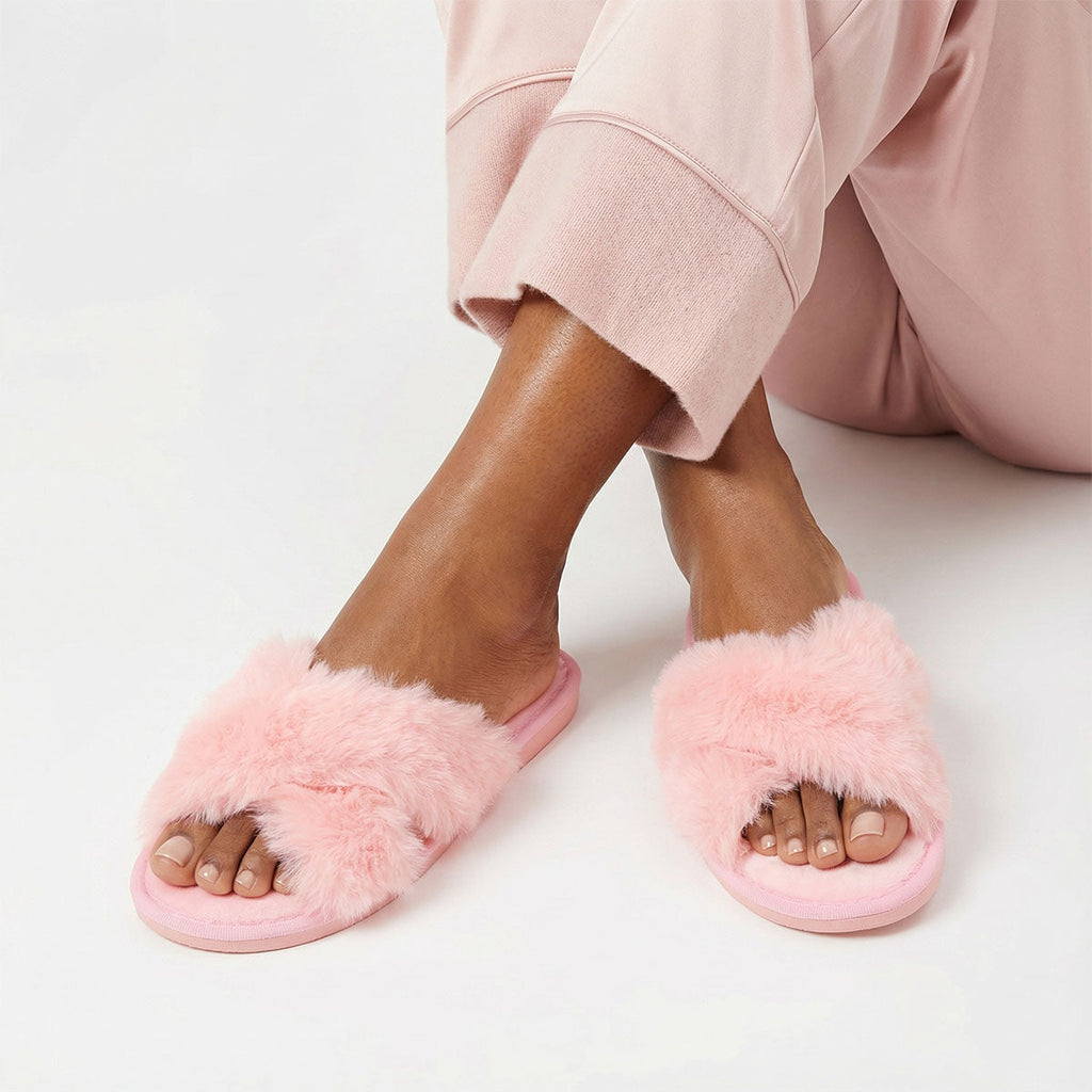 Fur Slippers Size Small Pink Stylish Lounge Footwear