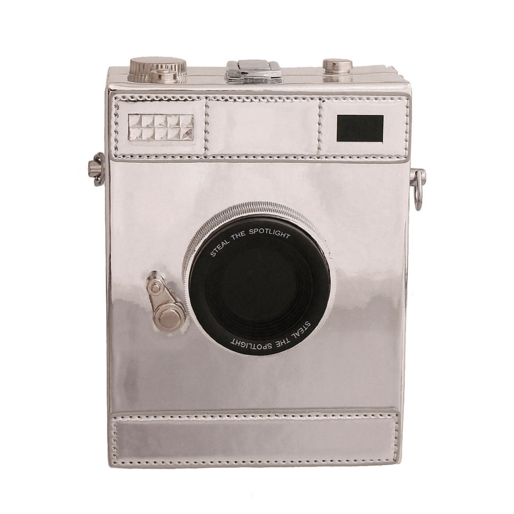 Fashion Handbag Shiny Silver Camera Style Chic Statement Accessory