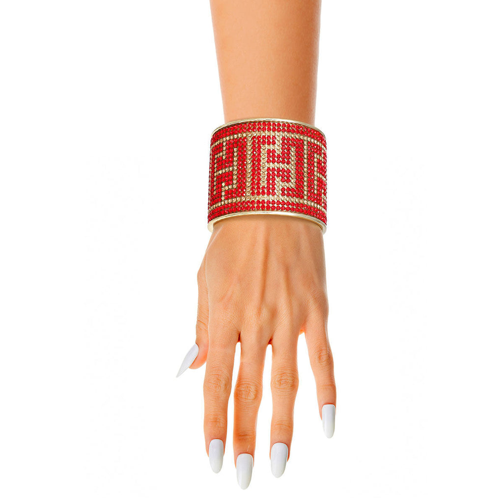 Statement Cuff Bracelet Radiant Red Greek Key Bespoke Gold Stylish Chic