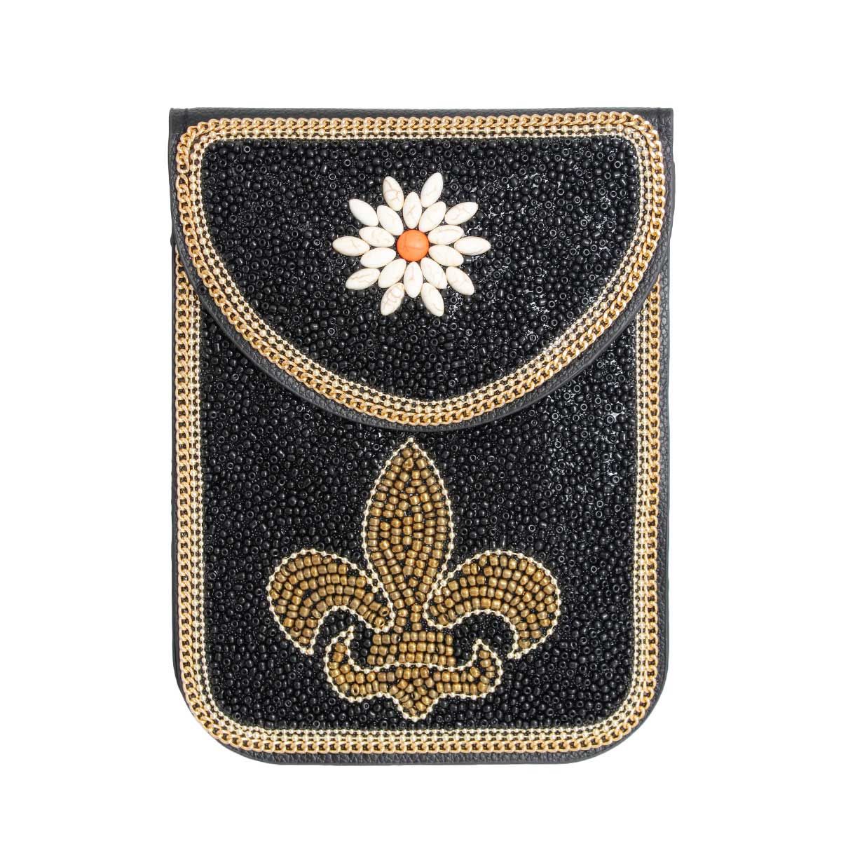 Beaded Phone Crossbody with Black Fleur de Lis – Stylish Statement Accessory