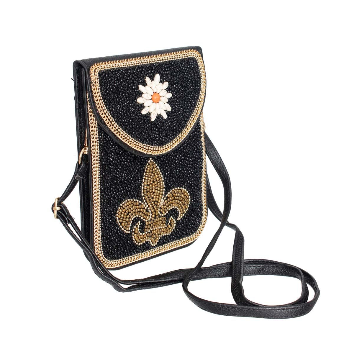 Beaded Phone Crossbody with Black Fleur de Lis – Stylish Statement Accessory