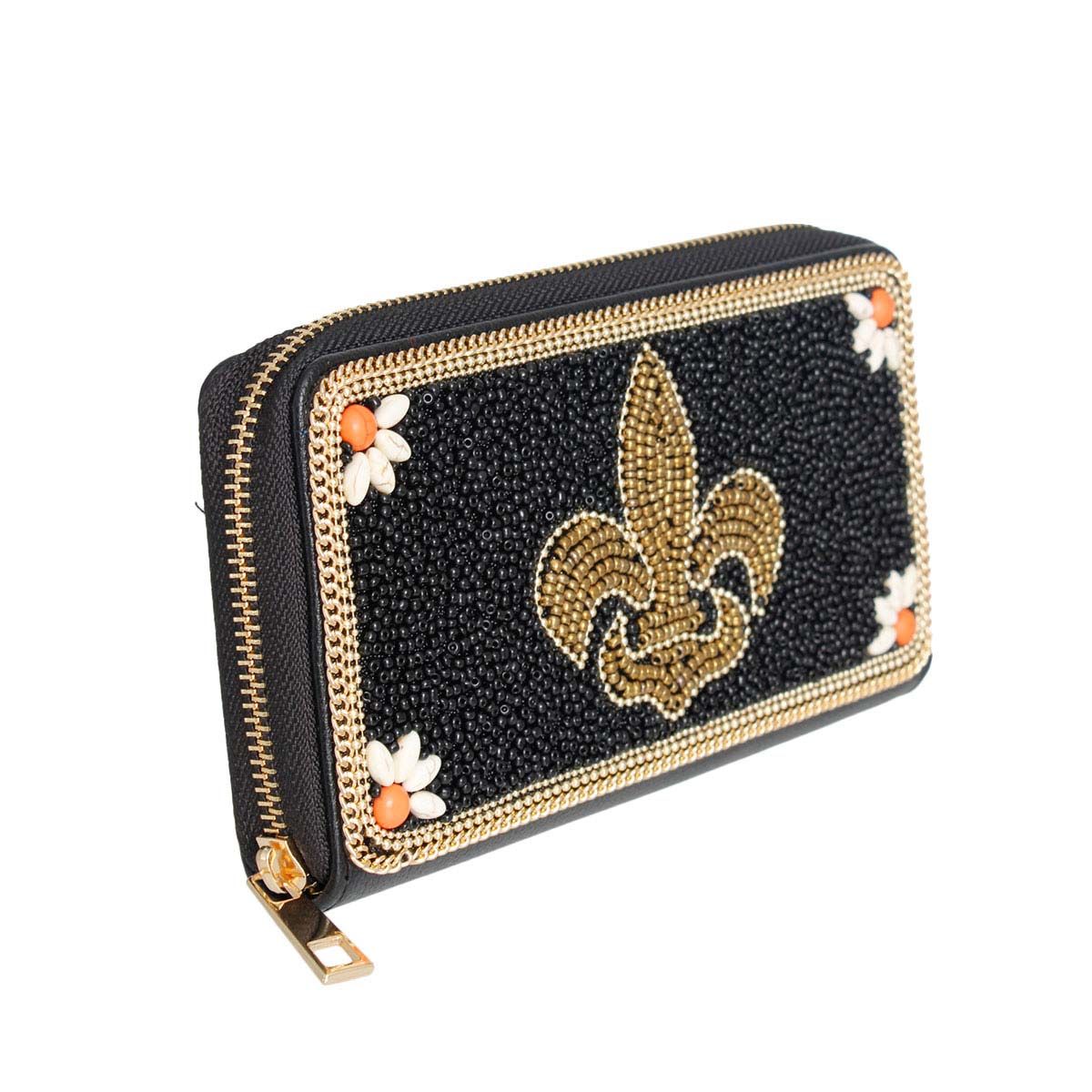 Beaded Wallet Black Fleur de Lis Stylish Fashion Accessory
