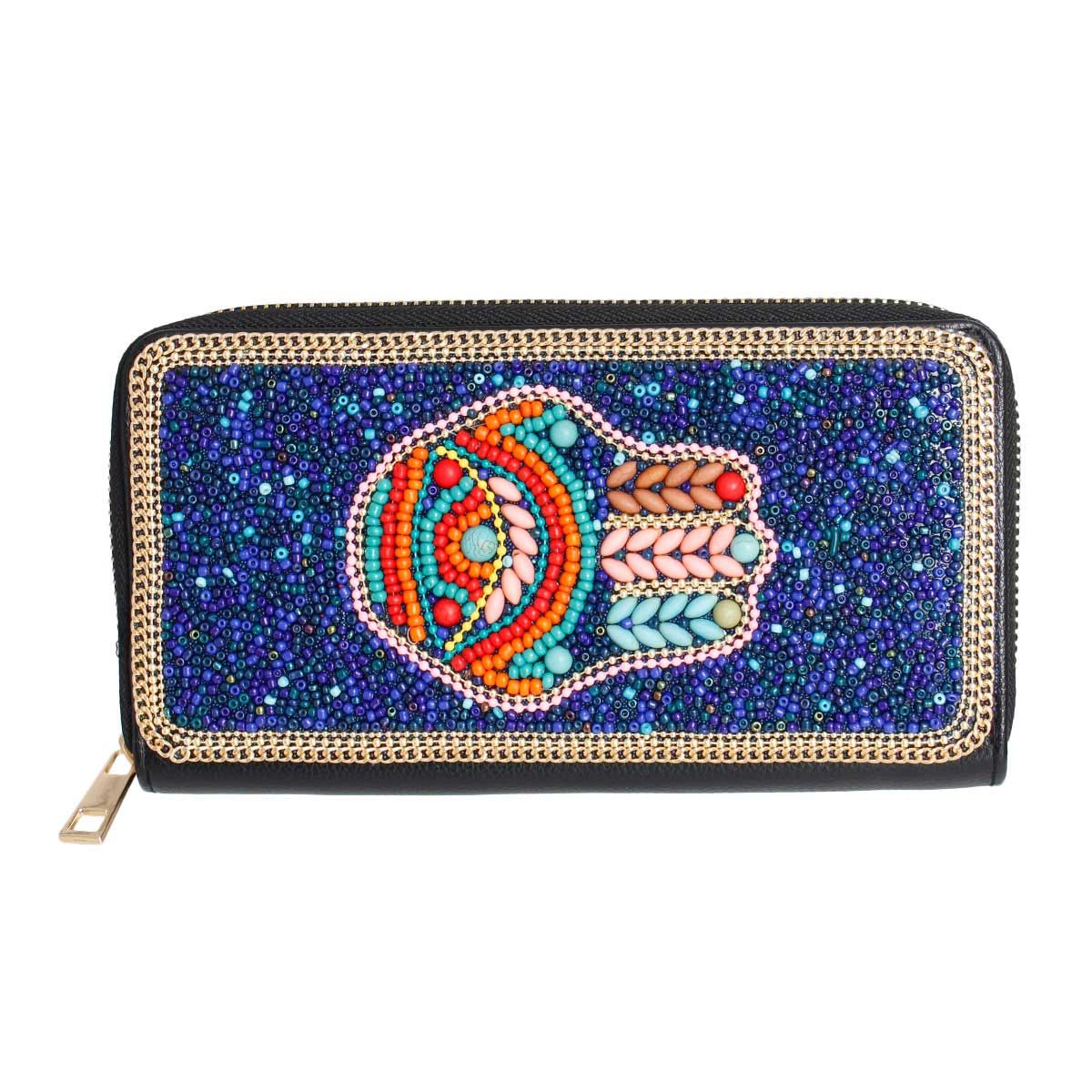 Beaded Wallet with Blue Hamsa Charm – Stylish Fashion Accessory