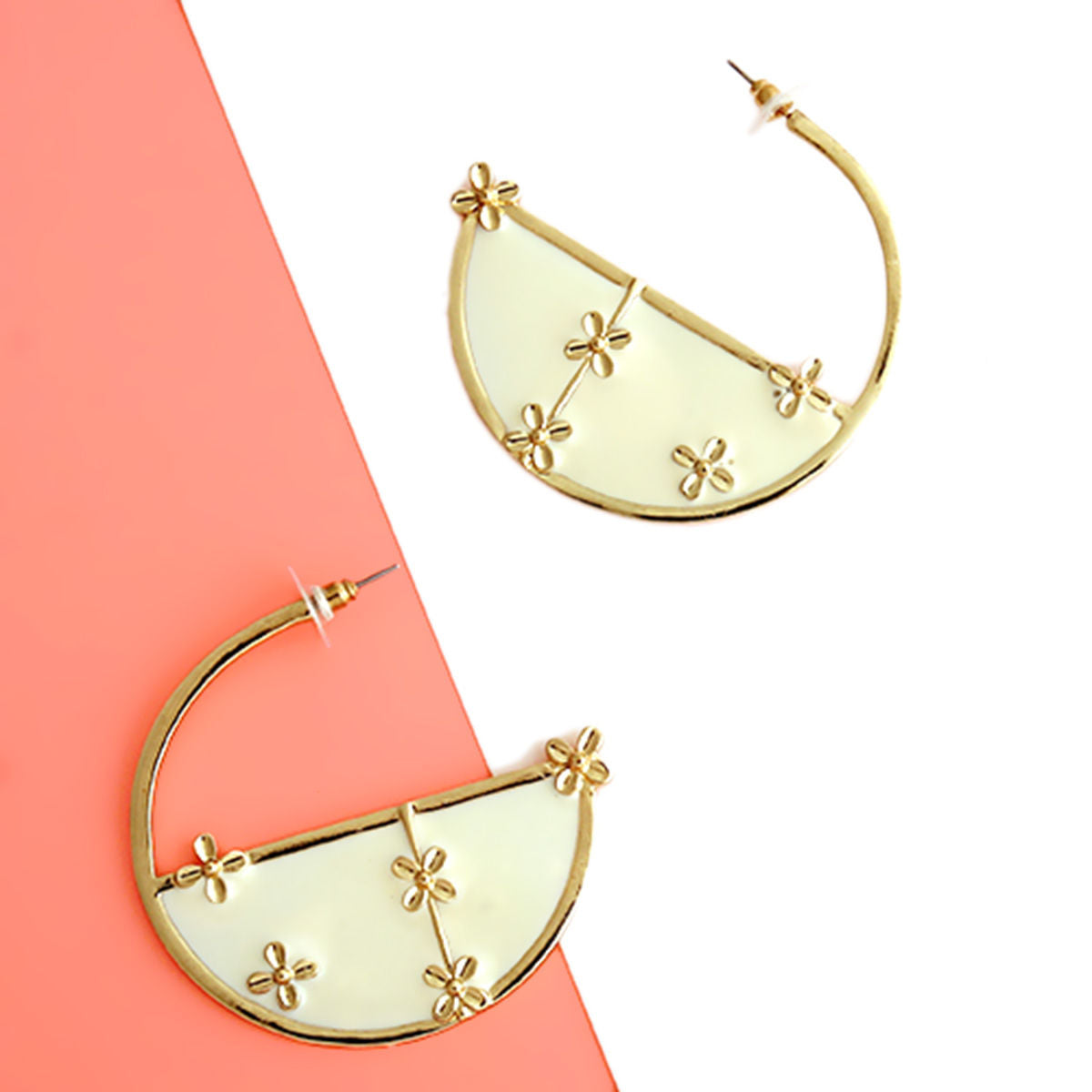 Statement Gold and White Flower Hoop Earrings Stylish Fashion Jewelry