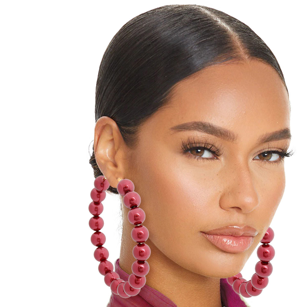 Women’s Burgundy Pearl Gold Hoop Earrings Stylish Chic Jewelry