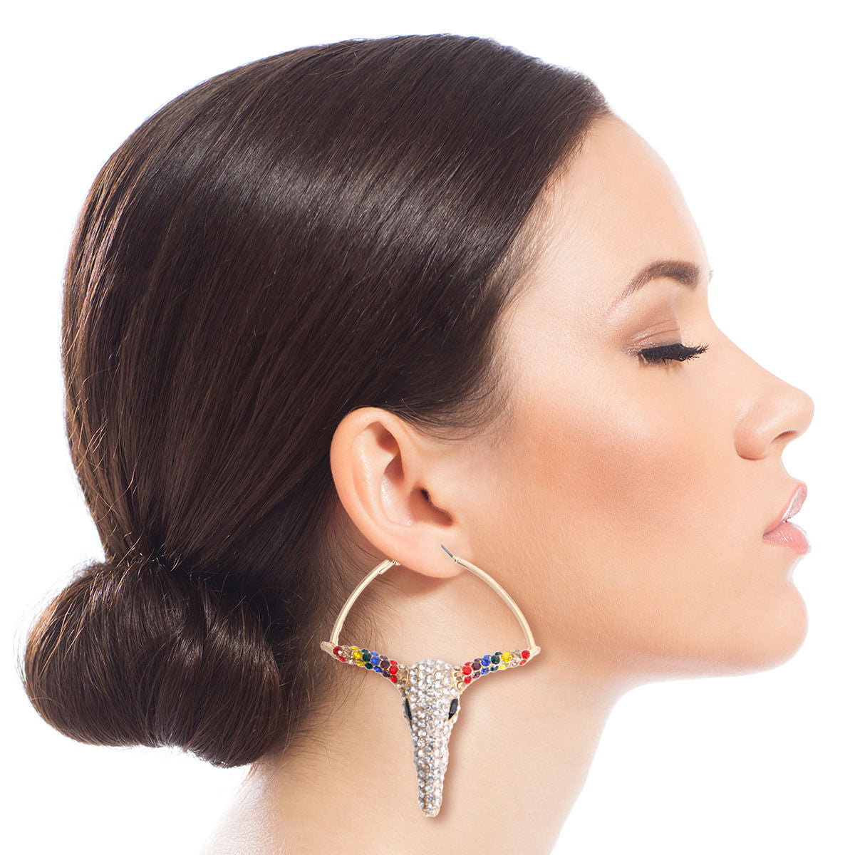 Statement Rainbow Rhinestone Steer Hoop Earrings Stylish Fashion Jewelry