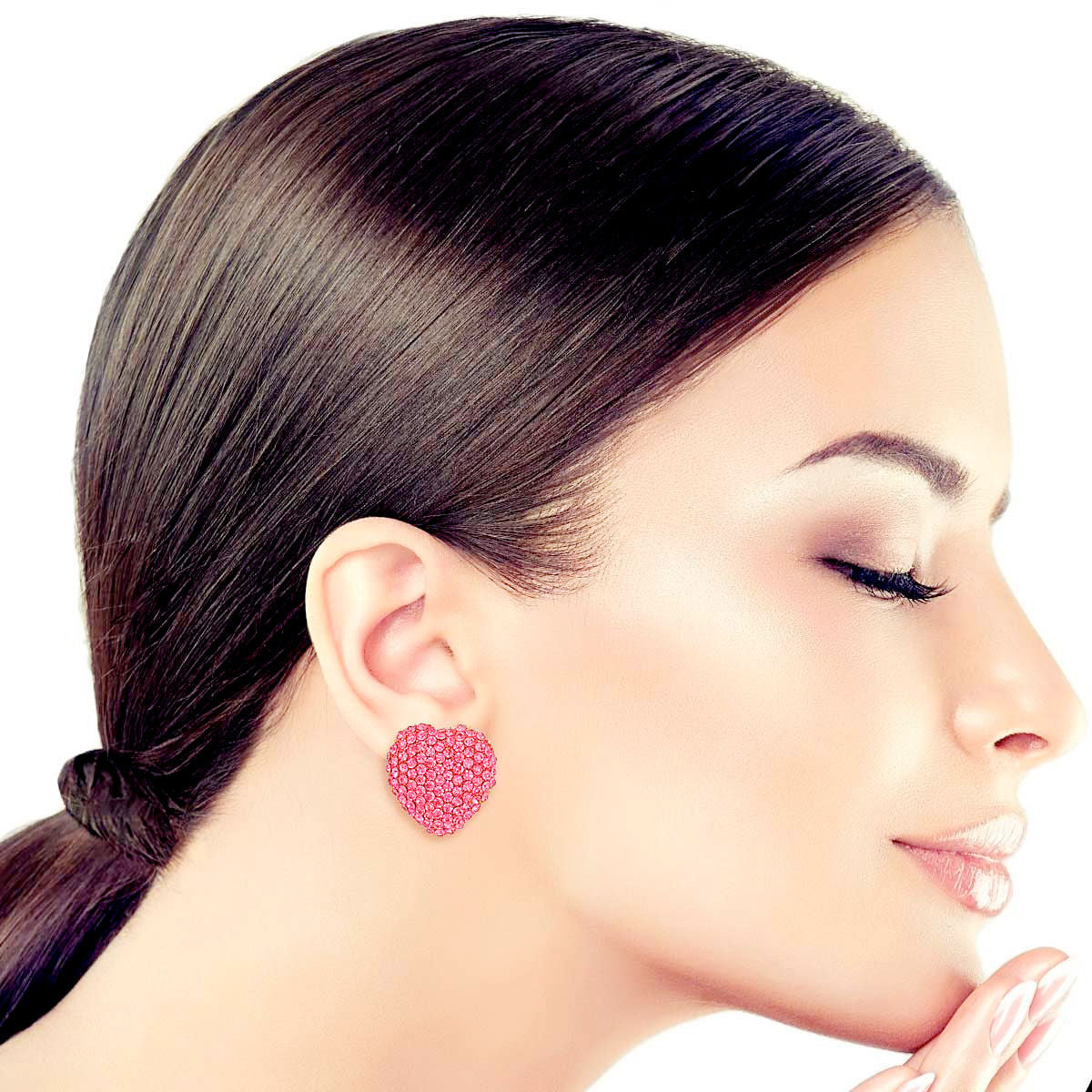 Heart Stud Earrings with Pink Stone, Stylish Gold Jewelry