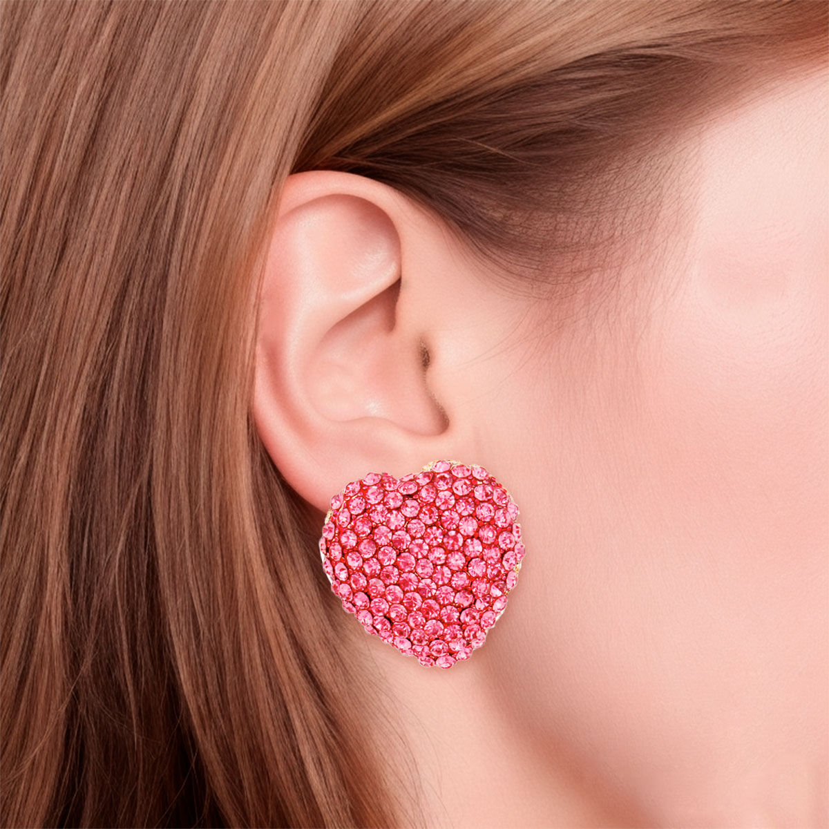Heart Stud Earrings with Pink Stone, Stylish Gold Jewelry