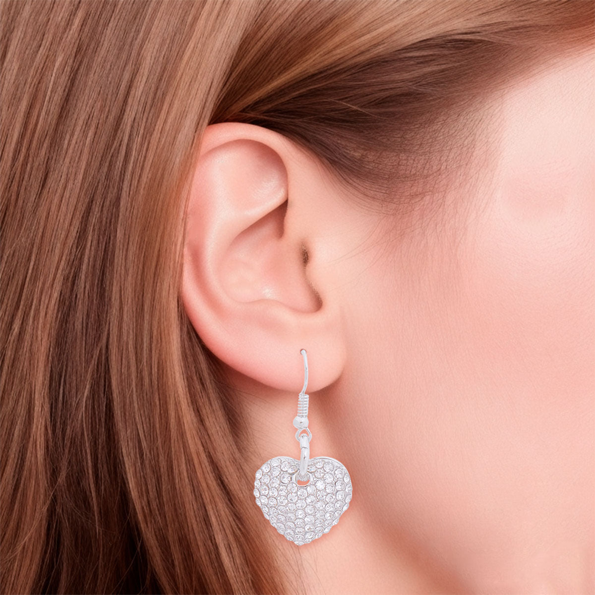 Rhinestone Heart Fish Hook Earrings Silver Stylish Jewelry Accessory
