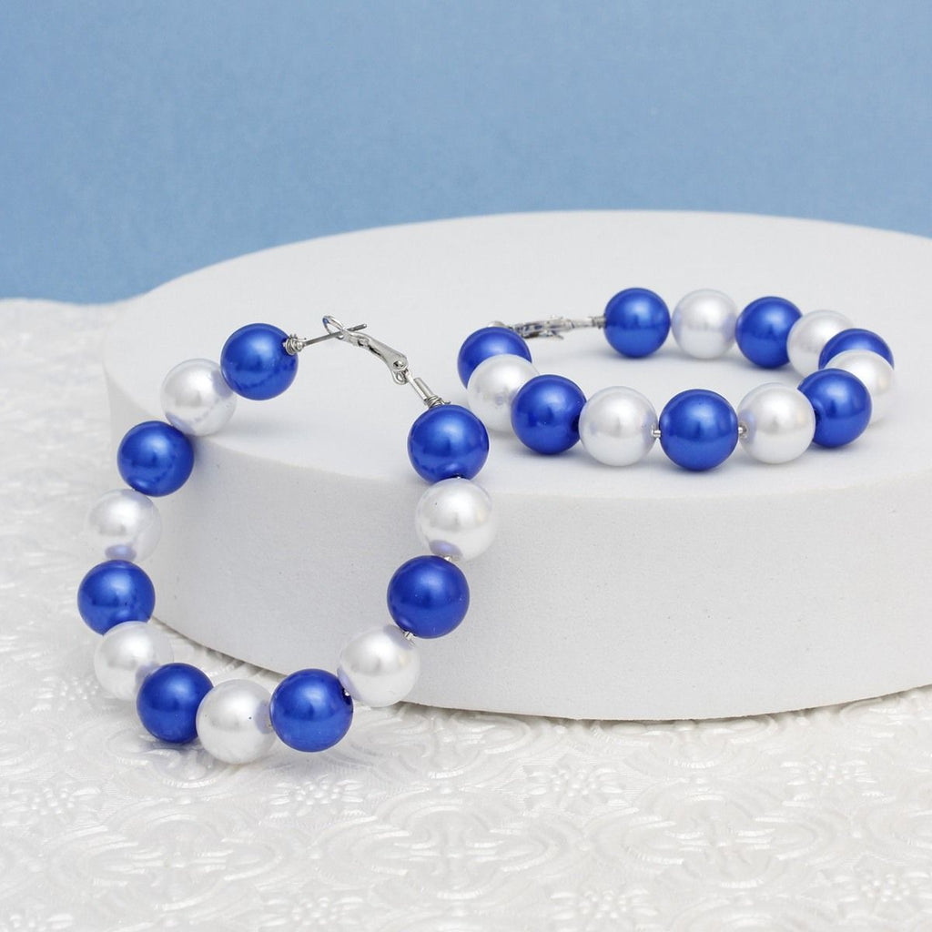 Pearl Hoop Earrings 60mm Blue White Sorority Stylish Statement Jewelry