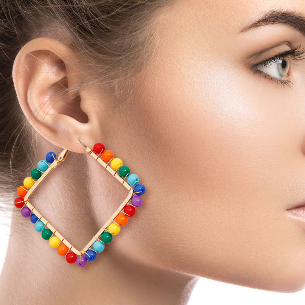 Statement Square Rainbow Bead Earrings Trendy Fashion Jewelry