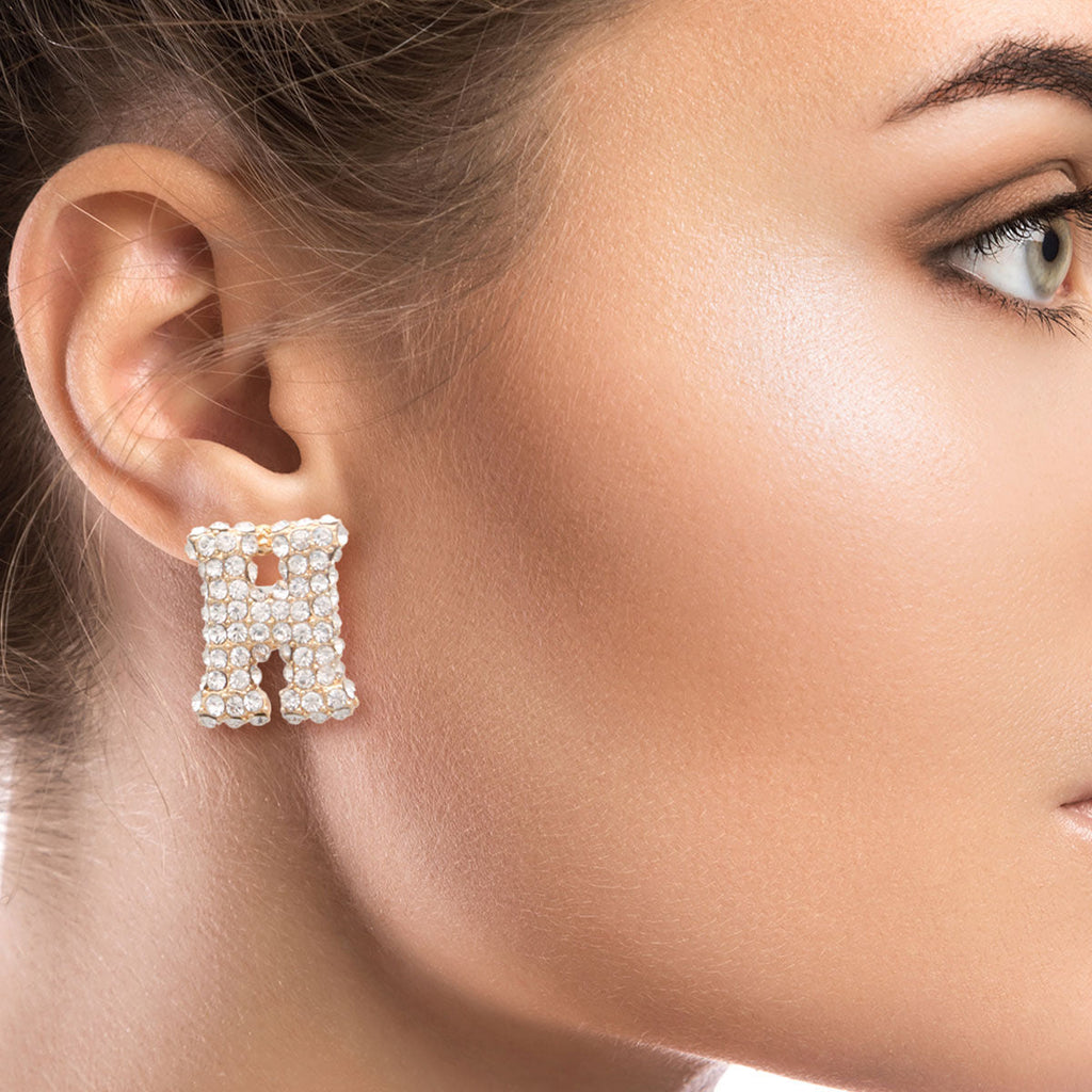 Rhinestone Stud Earrings H Initial Stylish Fashion Jewelry