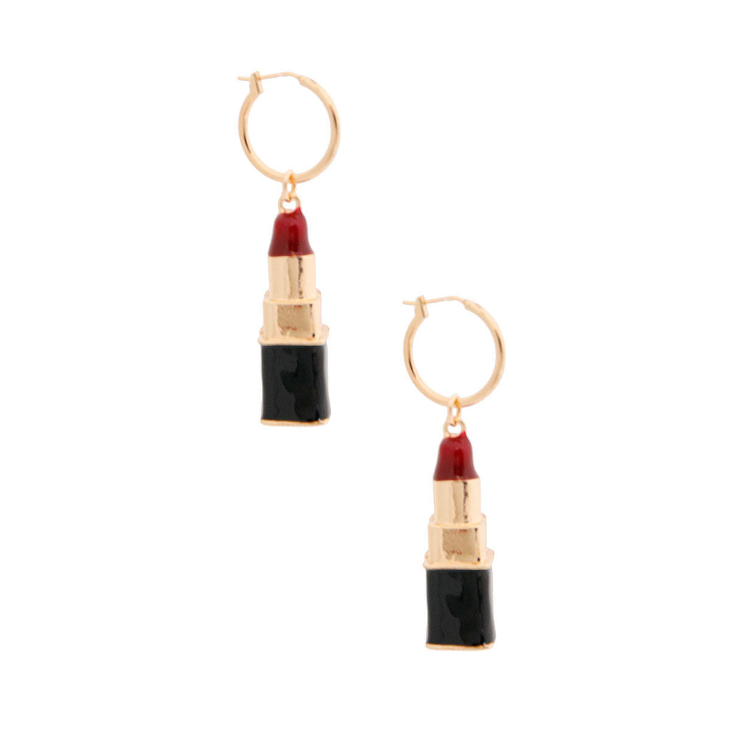 Charm Hoop Earrings with Burgundy Lipstick Pendant – Trendy Fashion Jewelry