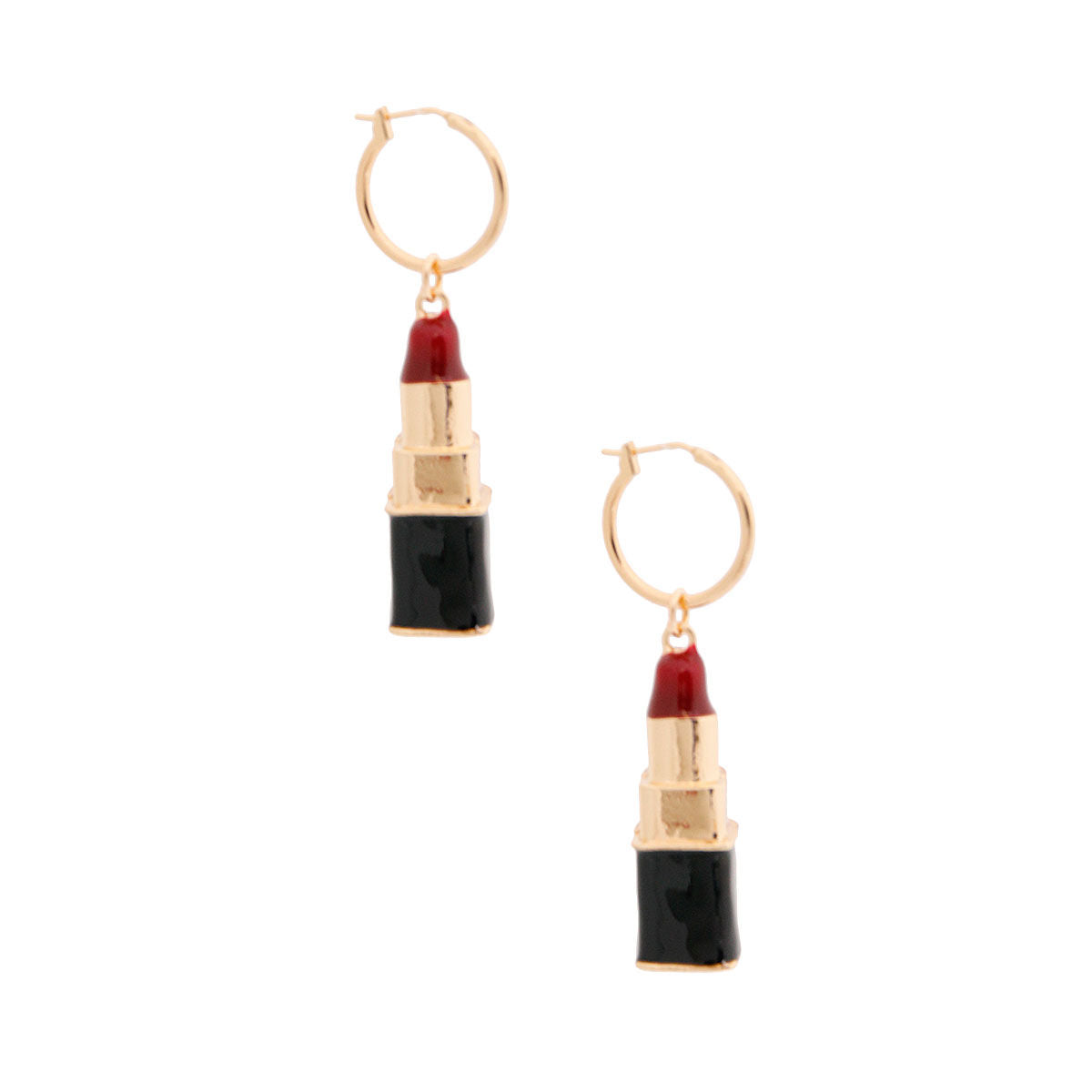 Charm Hoop Earrings with Burgundy Lipstick Pendant – Trendy Fashion Jewelry
