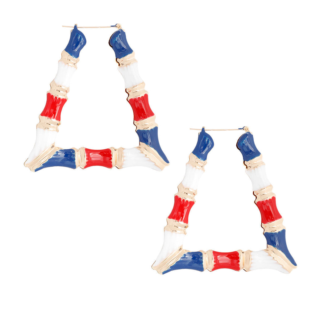 Statement Bamboo Hoops Earrings in Red White Blue Trapezoid Shape