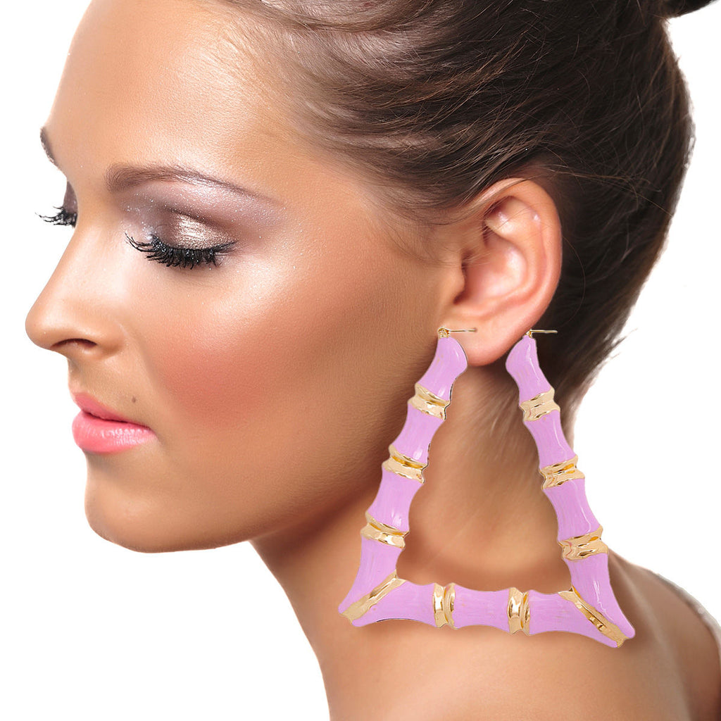Statement Pink Lavender Trapezoid Bamboo Hoop Earrings