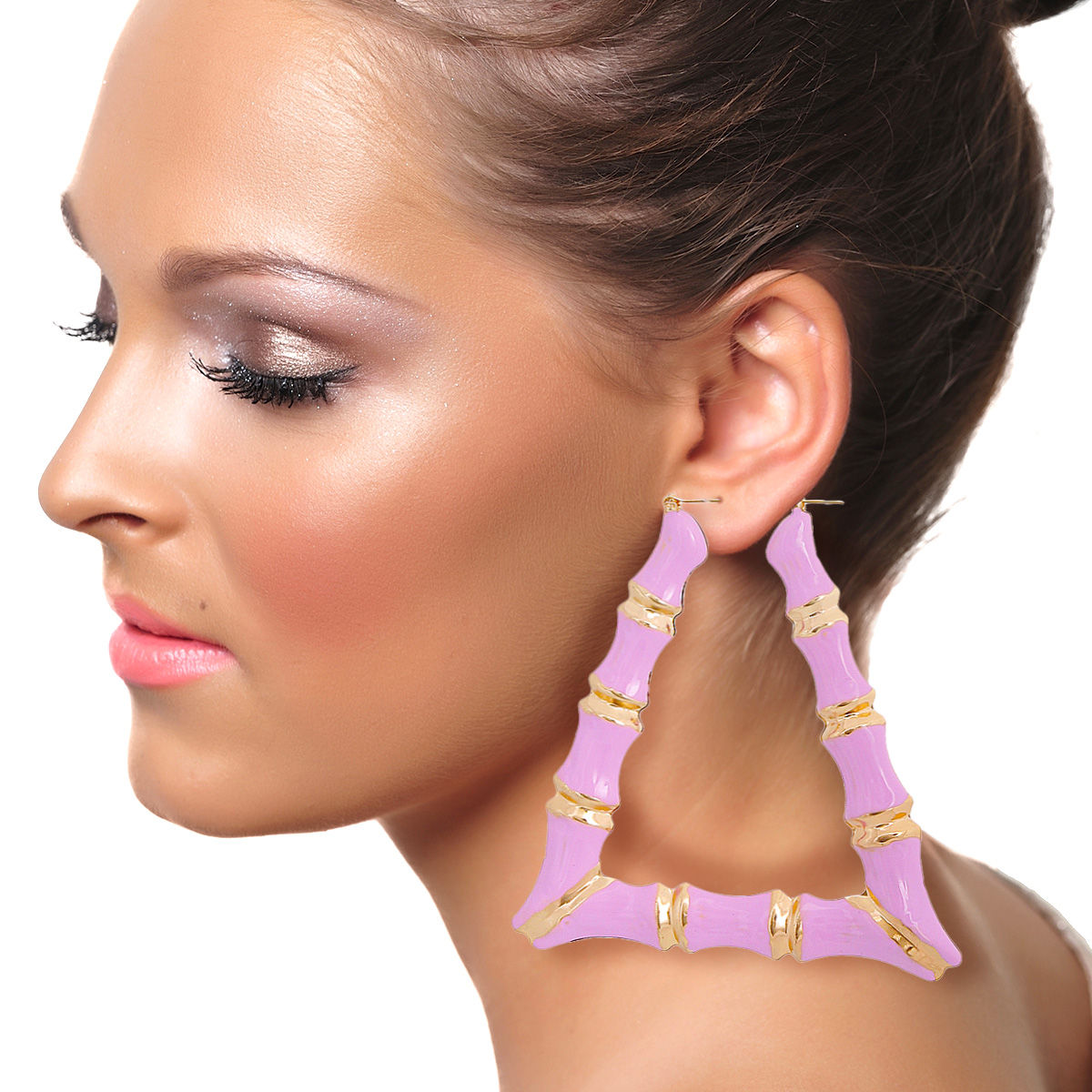 Statement Pink Lavender Trapezoid Bamboo Hoop Earrings