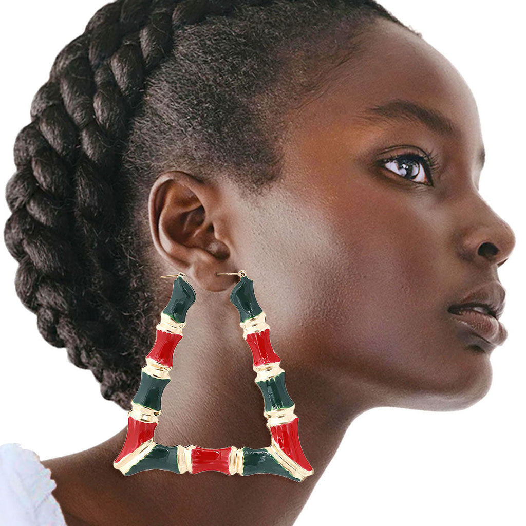Statement Bamboo Hoops Earrings in Red and Green Trapezoid Shape
