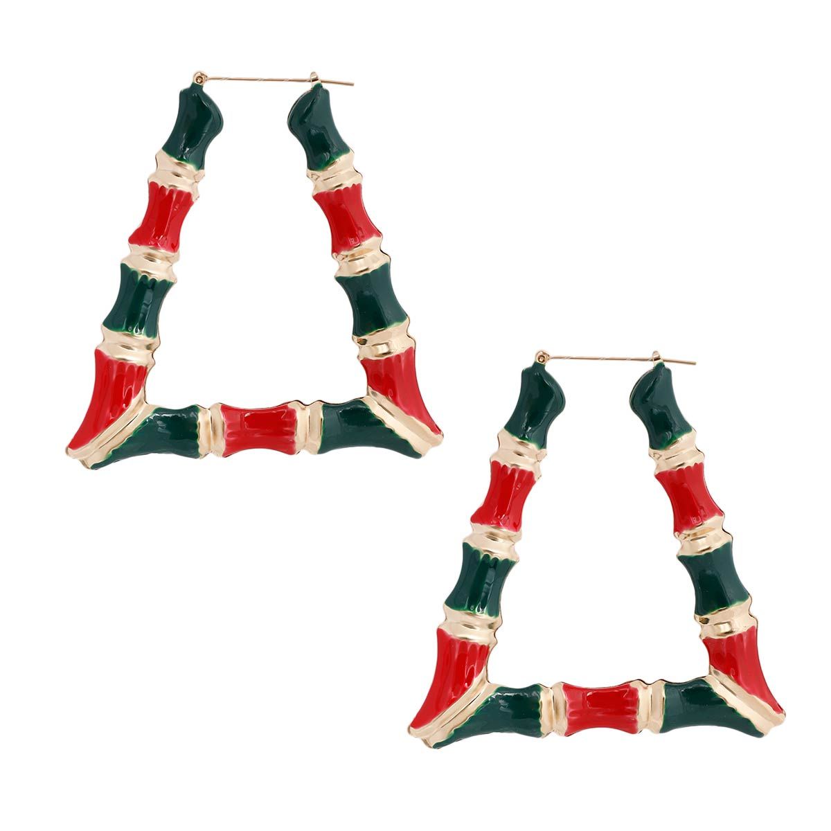 Statement Bamboo Hoops Earrings in Red and Green Trapezoid Shape