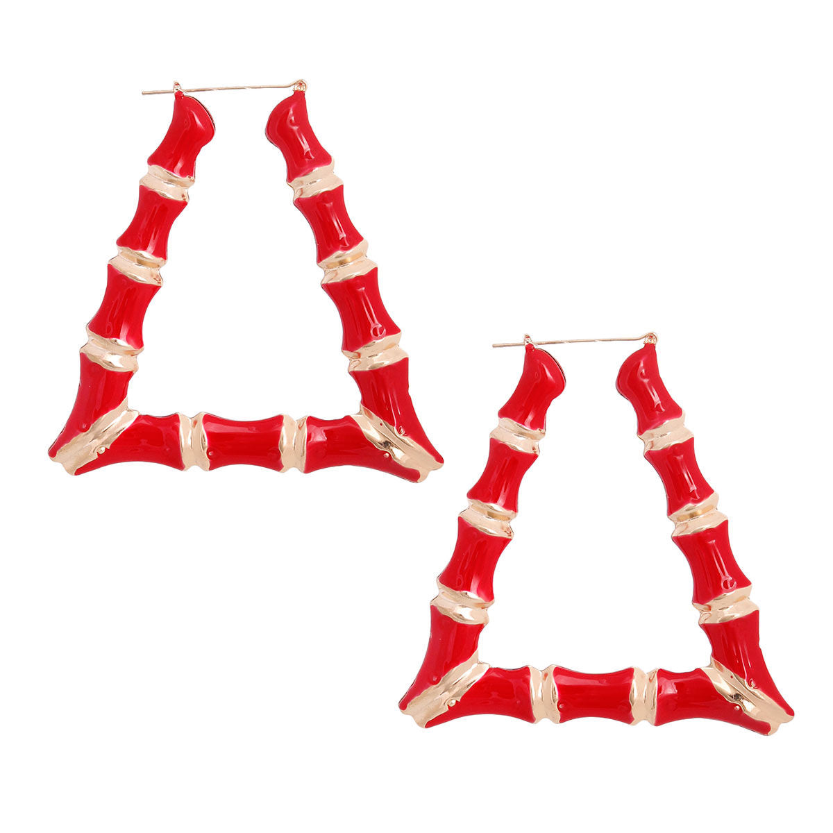 Statement Bamboo Hoop Earrings Red Trapezoid Stylish Jewelry