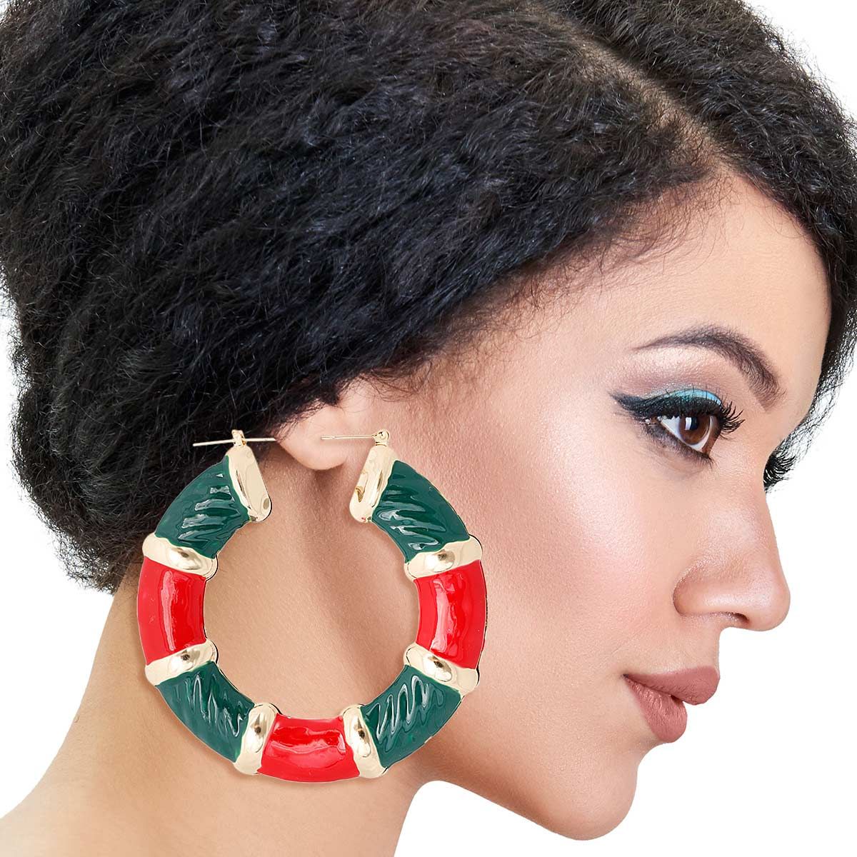 Statement Bamboo Hoop Earrings Wide Red and Green Stylish Fashion Jewelry