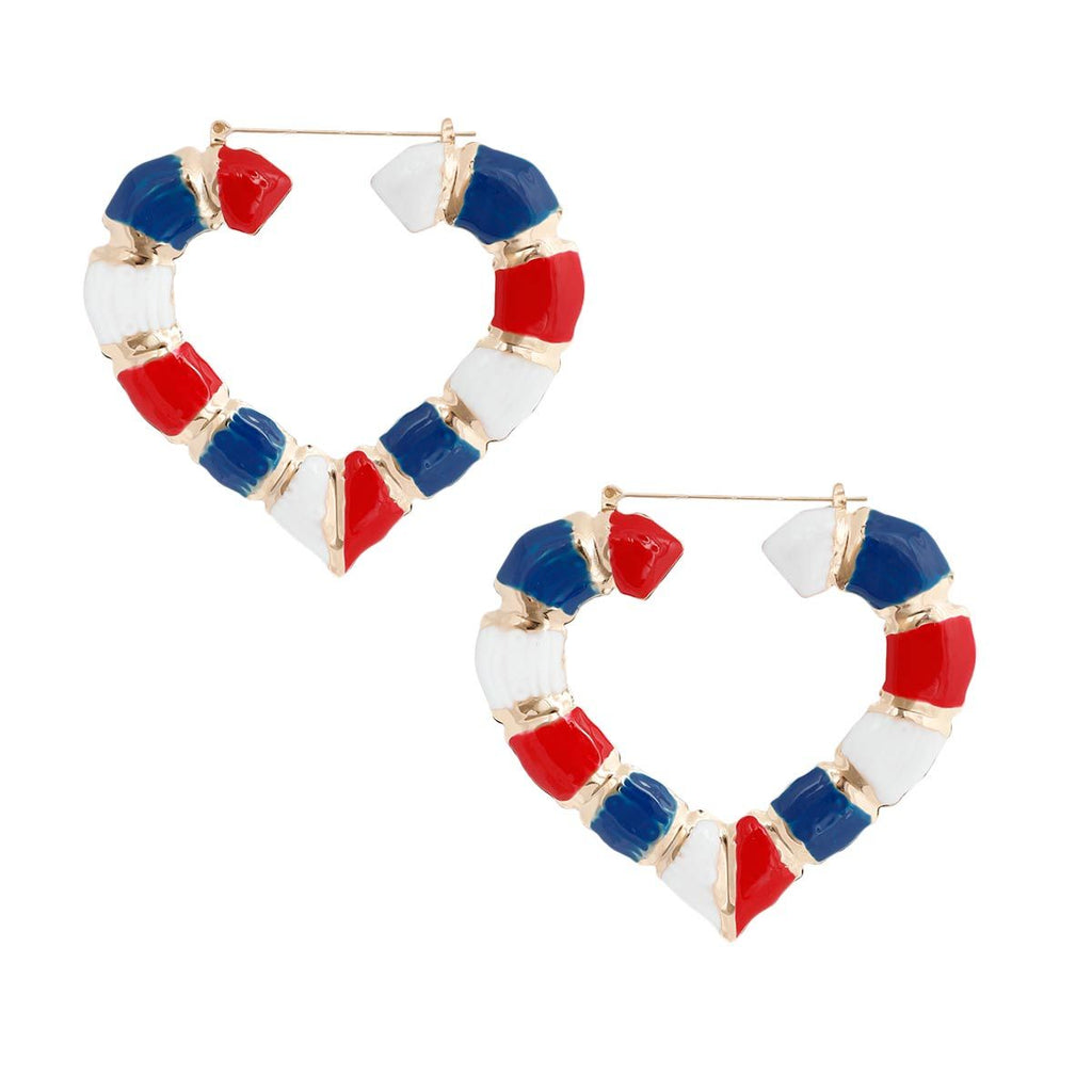 Bamboo Hoop Earrings Red White Blue Heart Stylish Statement Jewelry