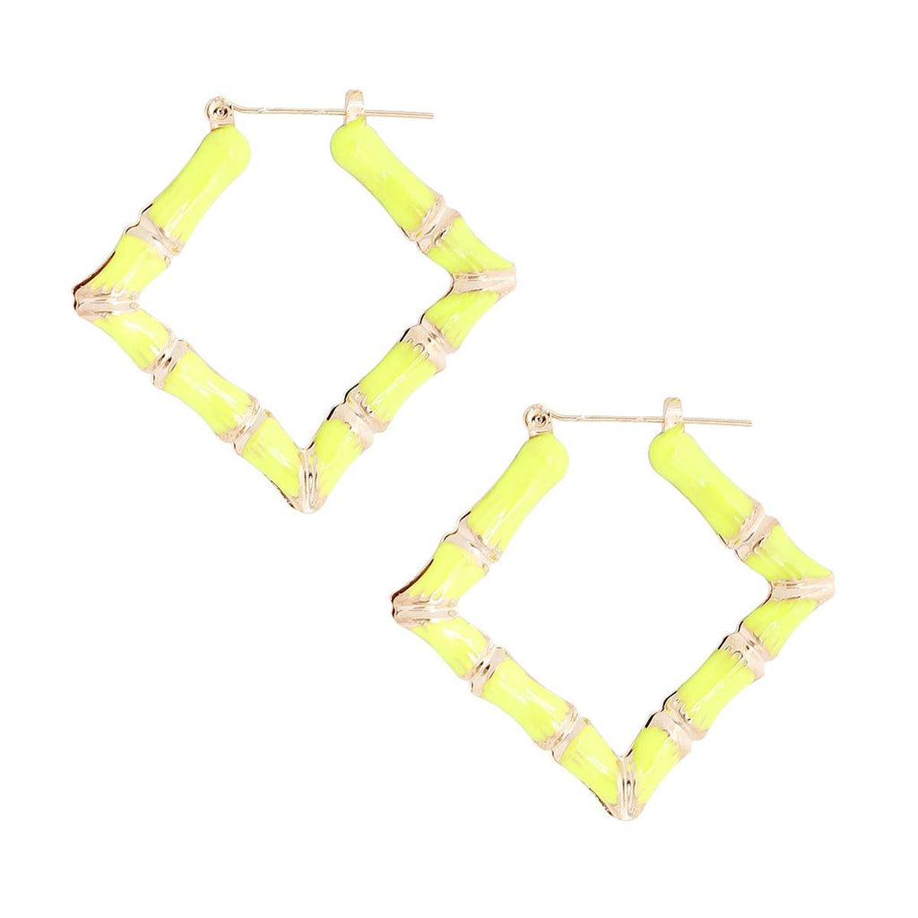 Diamond Bamboo Hoop Earrings Neon Yellow Statement Jewelry