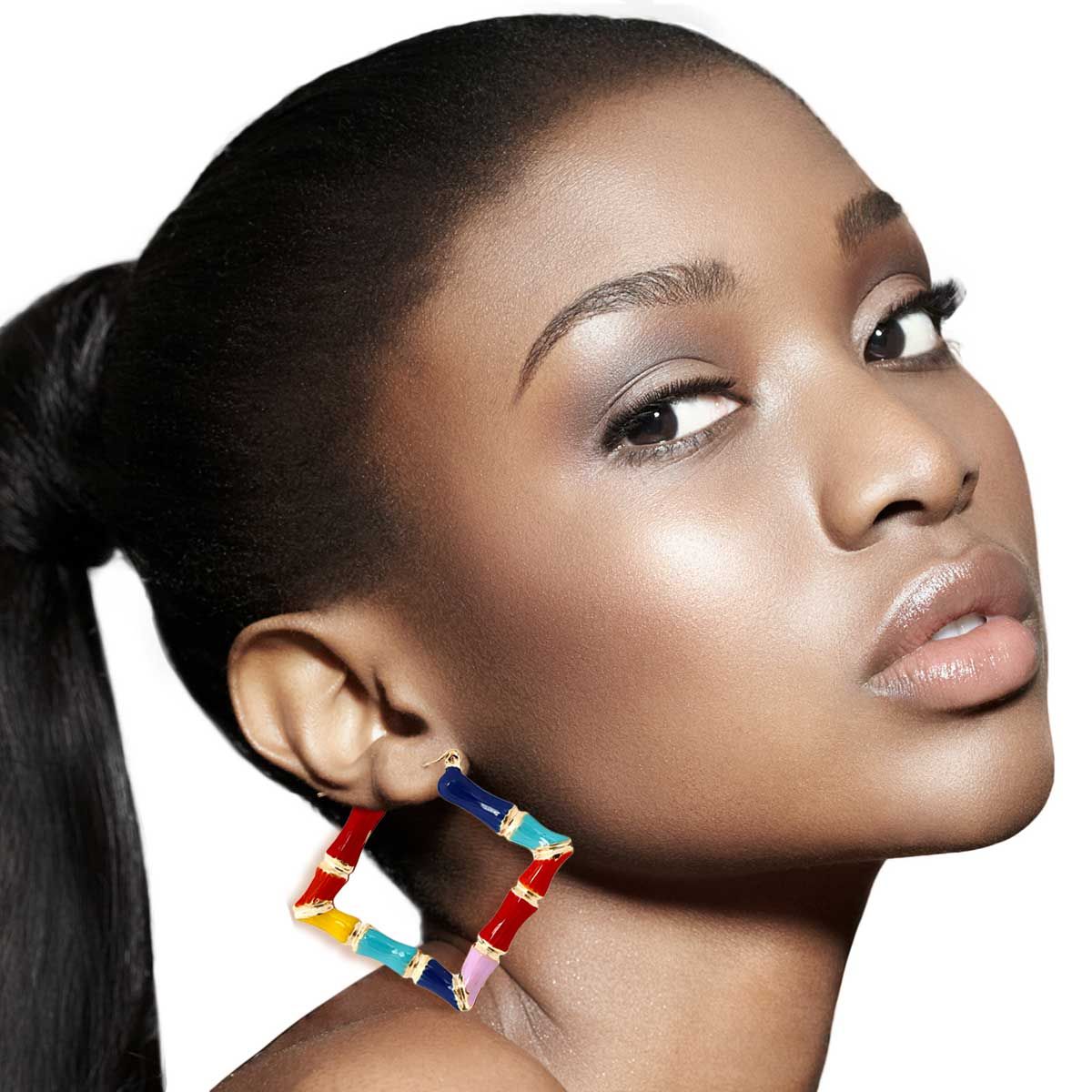 Bamboo Hoop Earrings Rainbow Diamond Statement Jewelry