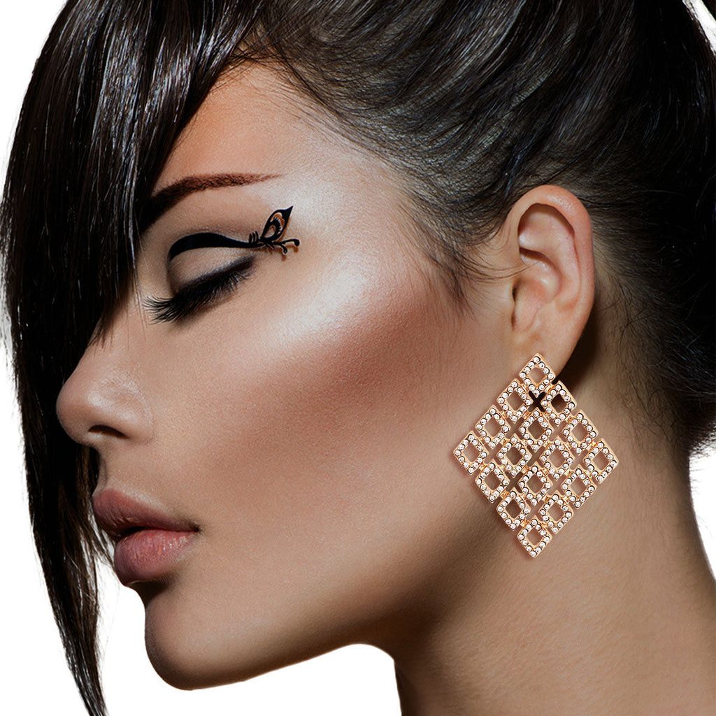 Diamond Rhinestone Gold Filigree Stud Earrings Stylish Chic Jewelry