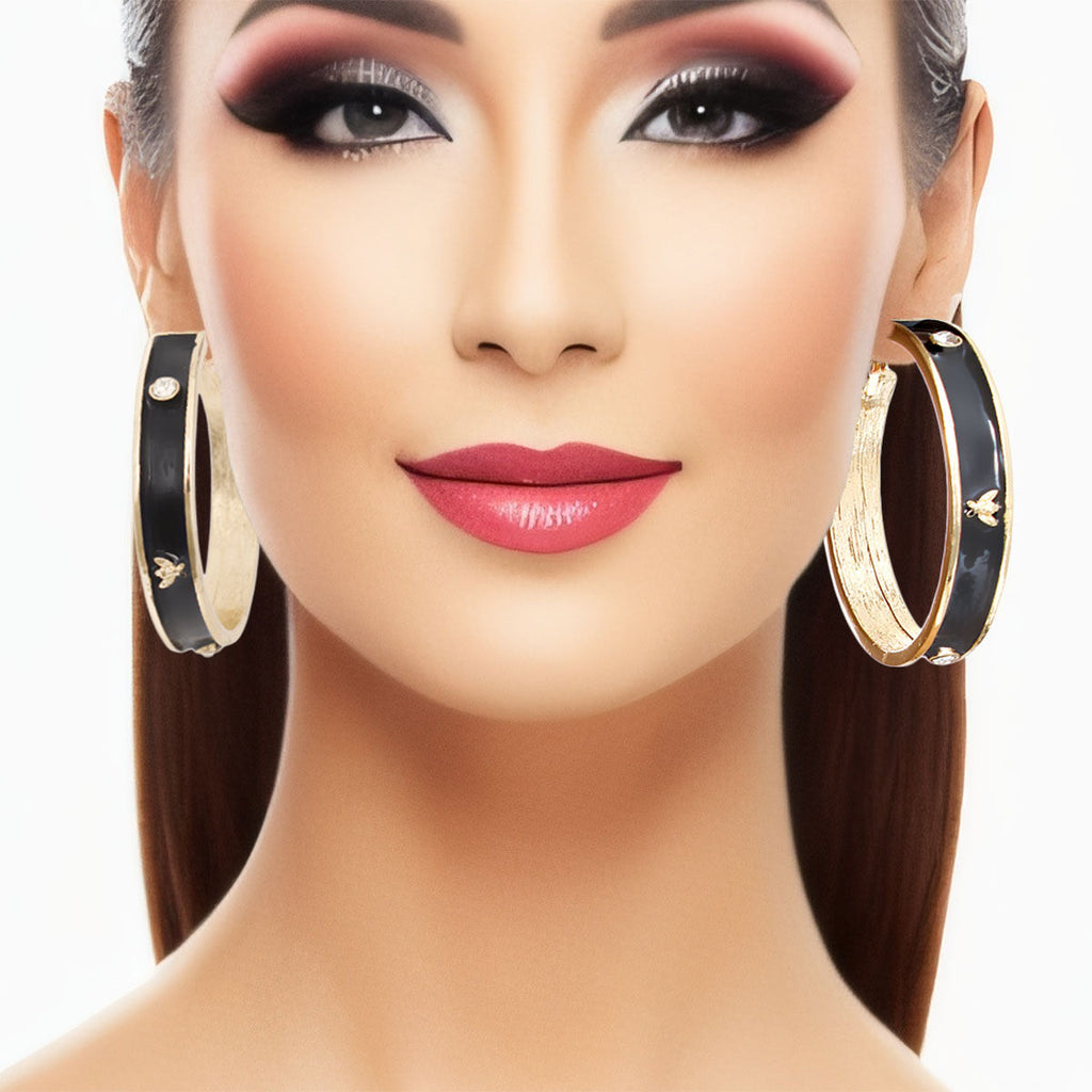 Heavy Black Bee Casting Hoop Earrings Stylish Statement Jewelry