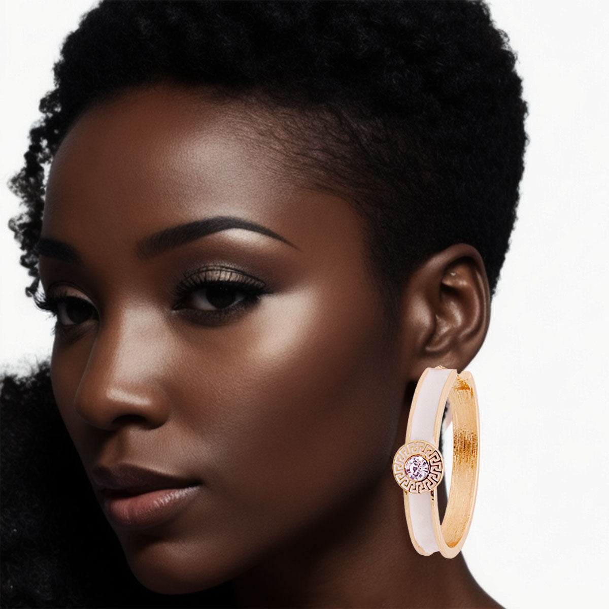 Heavy White Greek Medallion Hoop Earrings – Stylish Statement Jewelry