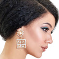 Square Gold Flower Earrings with Greek Key Design – Stylish Statement Jewelry