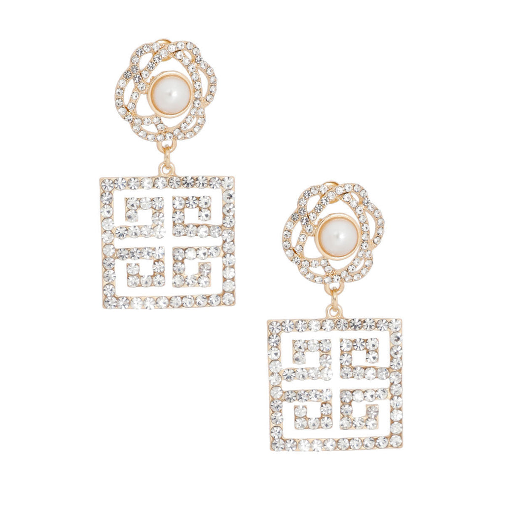 Square Gold Flower Earrings with Greek Key Design – Stylish Statement Jewelry