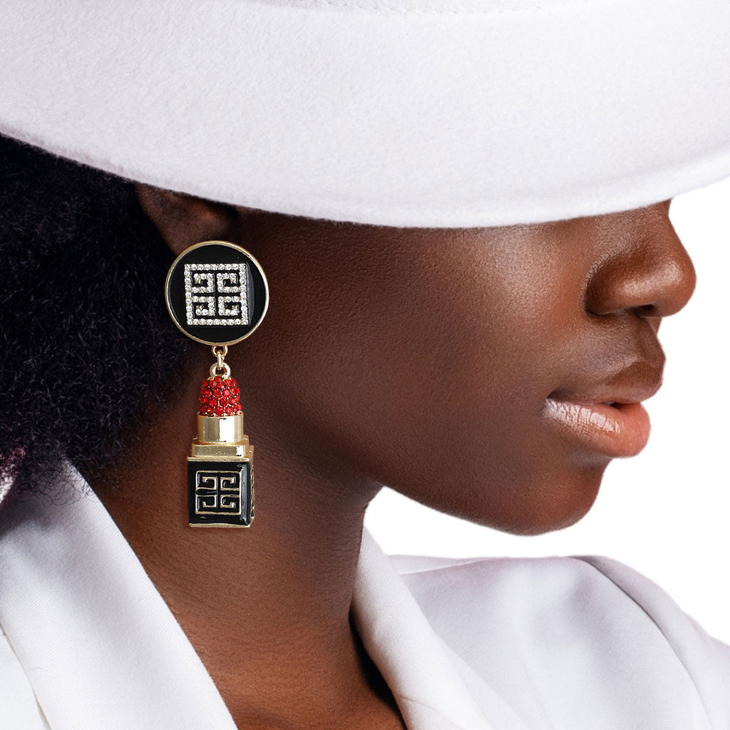 Statement Earrings Gold Greek Key 3D Lipstick Charm Trendy Chic Jewelry