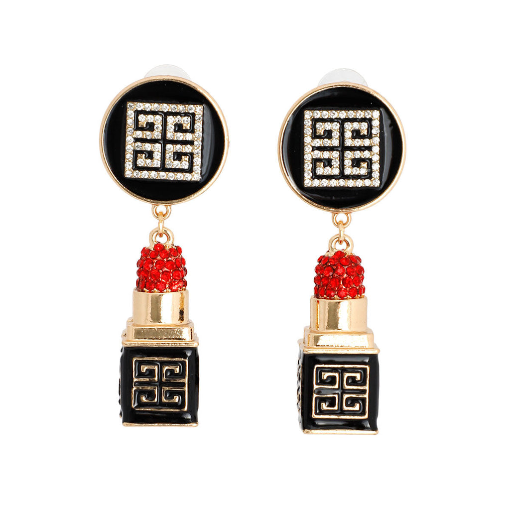 Statement Earrings Gold Greek Key 3D Lipstick Charm Trendy Chic Jewelry