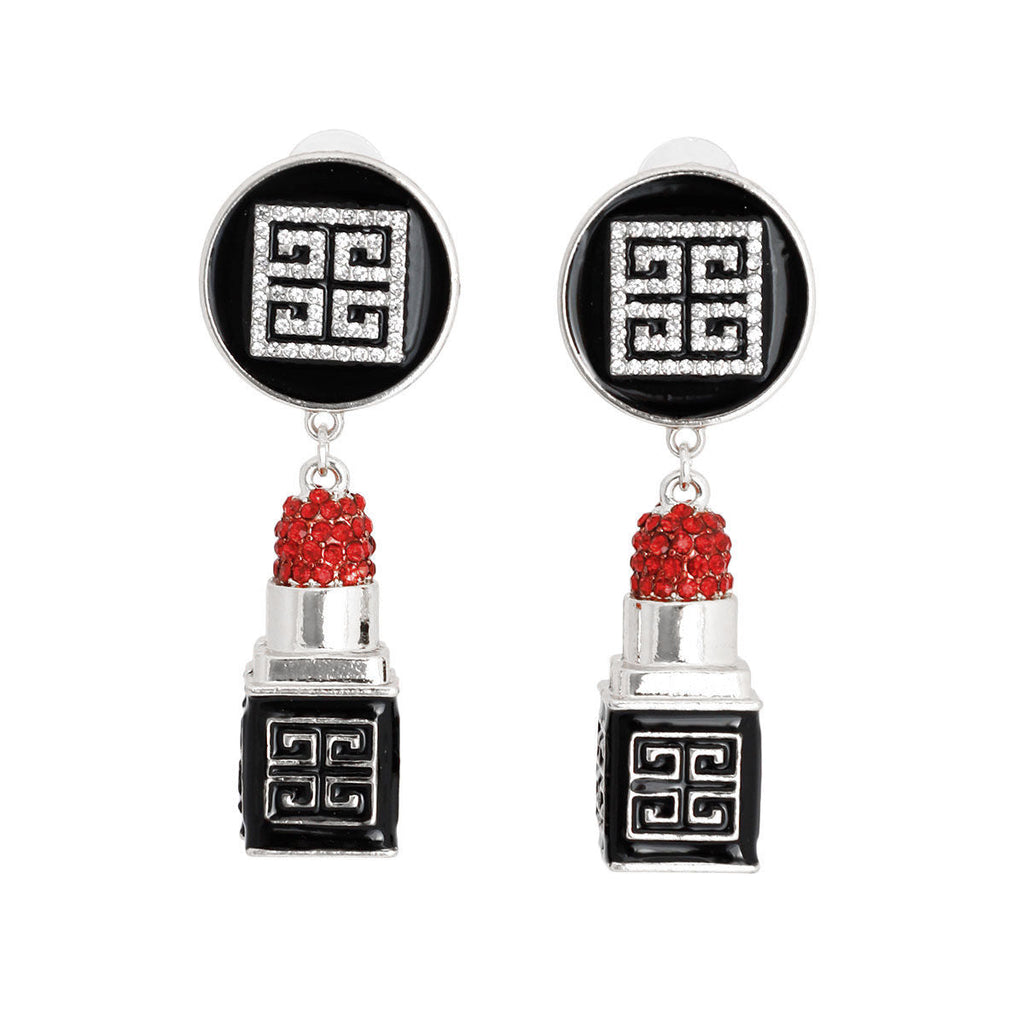 3D Lipstick Charm Earrings Silver Greek Key Stylish Statement Jewelry