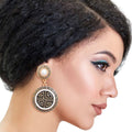 Round Greek Key Charm Earrings Gold Black Stylish Statement Jewelry
