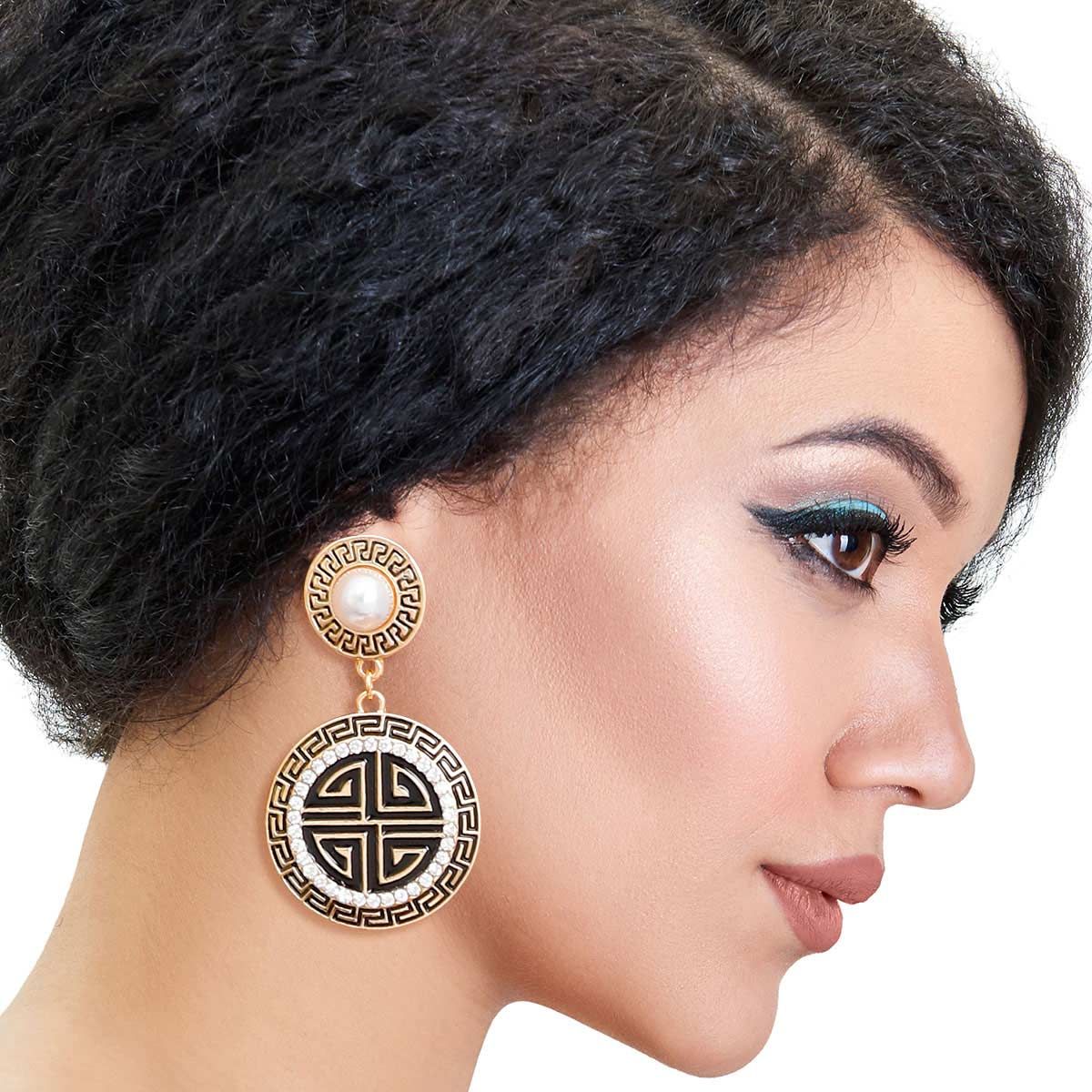 Round Greek Key Charm Earrings Gold Black Stylish Statement Jewelry