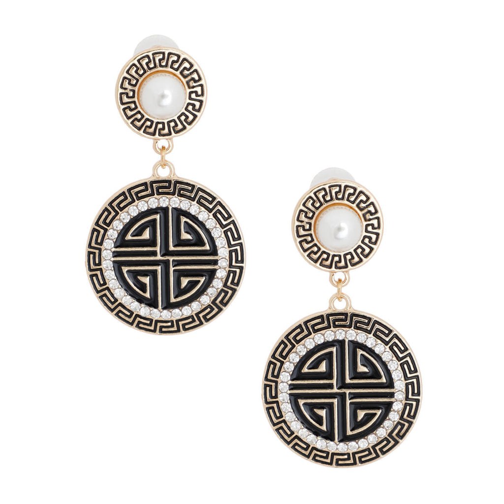 Round Greek Key Charm Earrings Gold Black Stylish Statement Jewelry