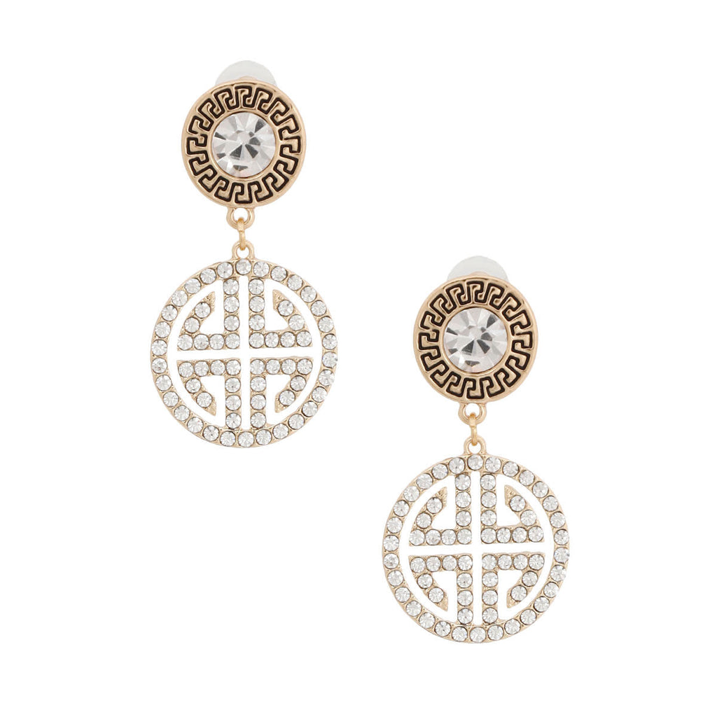 Round Gold Crystal Greek Key Earrings Stylish Statement Jewelry